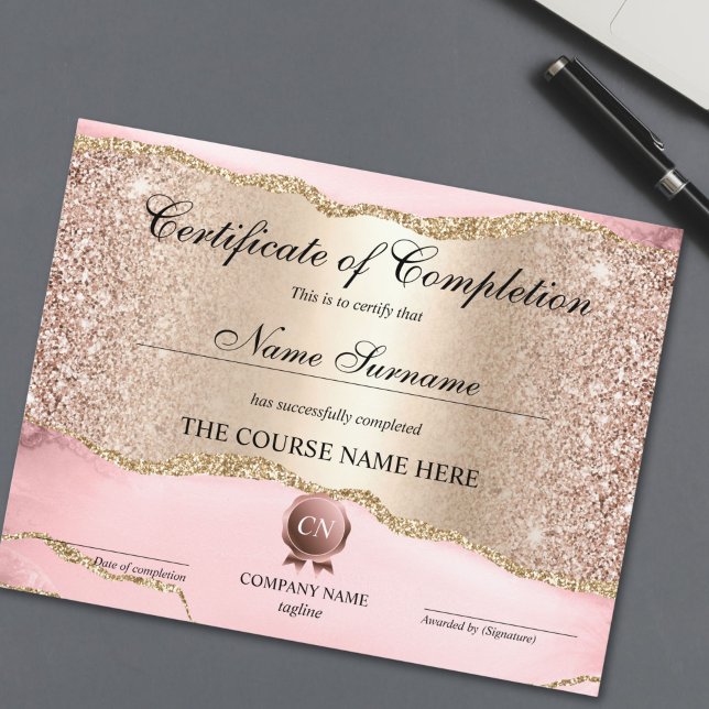 Certificate of Completion Award Course Completion (rose gold and gold blush pink agate certificate of completion)