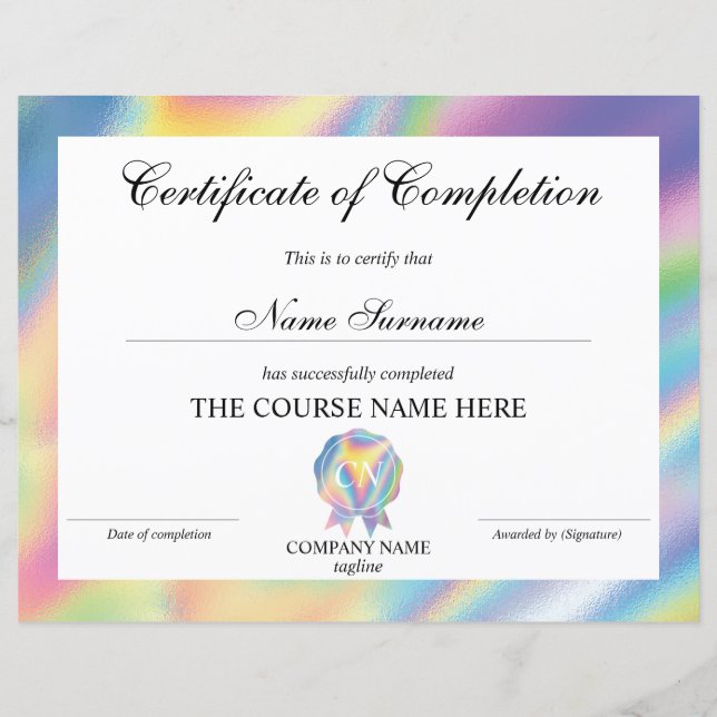 Certificate of Completion Award Course Completion (Front)