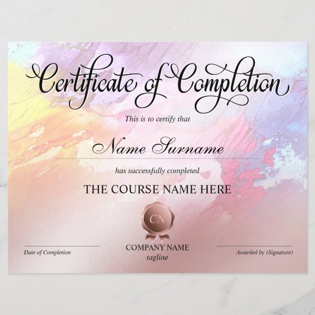 Certificate of Completion Award Course Completion (Front)