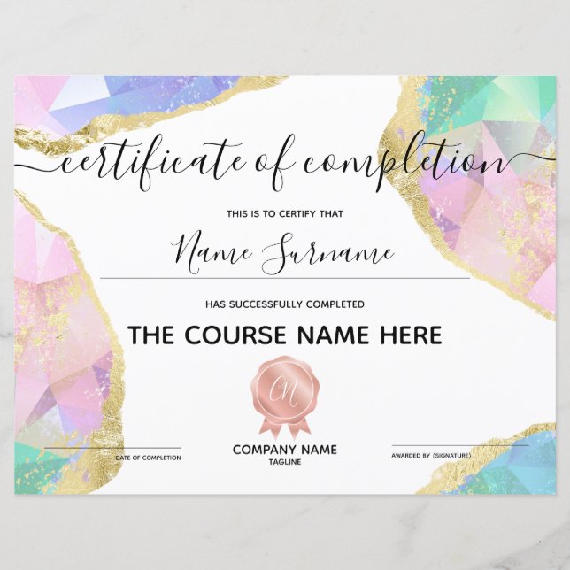 Certificate of Completion Award Course Completion  (Front)