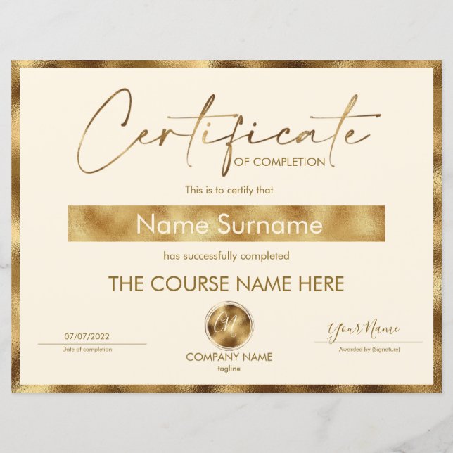 Certificate of Completion Award Course Completion  (Front)