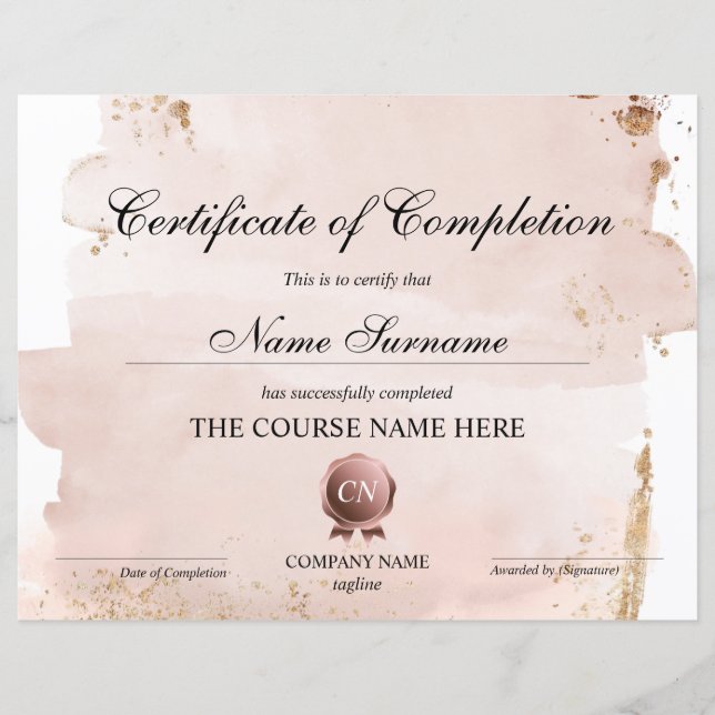 Certificate of Completion Award Course Completion (Front)