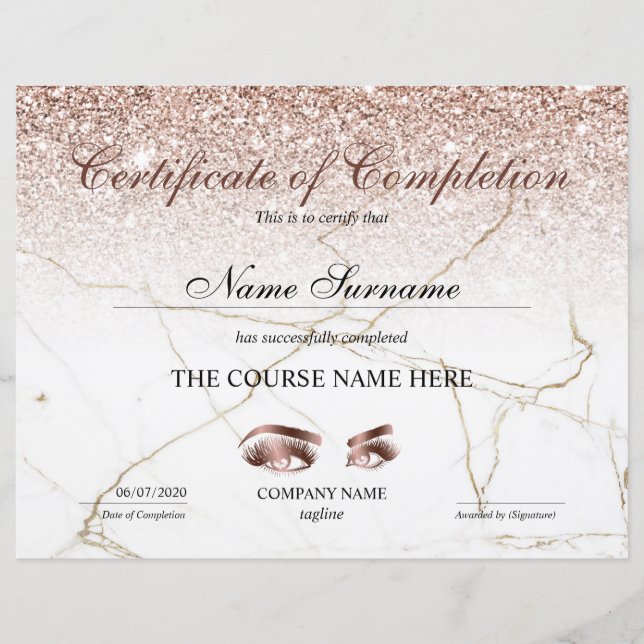Certificate of Completion Award lashes Course (Front)
