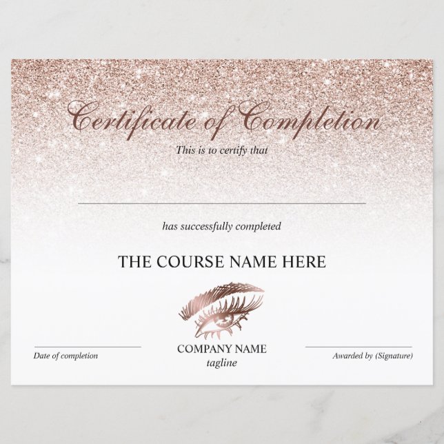 Certificate of Completion Award lashes Course (Front)