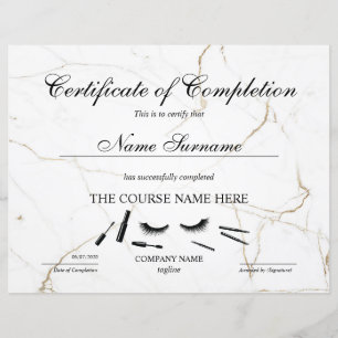 Certificate of Completion Award lashes Course