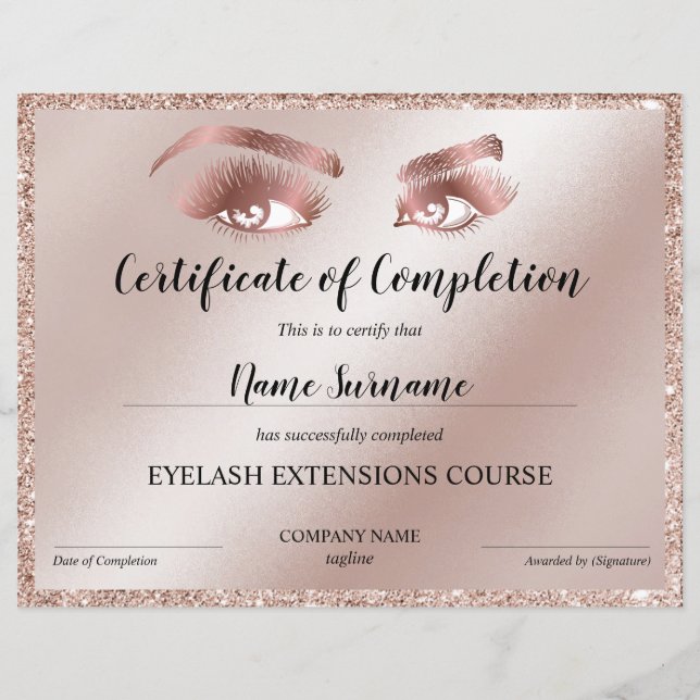 Certificate of Completion Award lashes Course (Front)