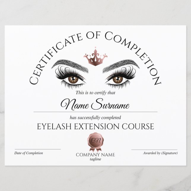 Certificate of Completion Award lashes Course (Front)