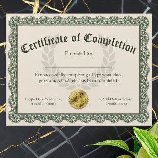 Certificate of Completion, Customizable 8.5x11