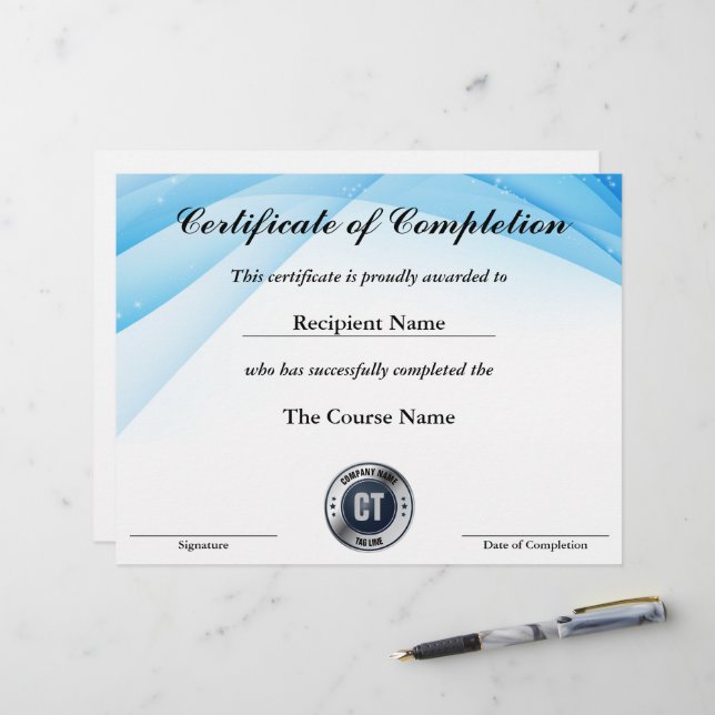 Certificate of Completion Customizable Award (Front/Back In Situ)