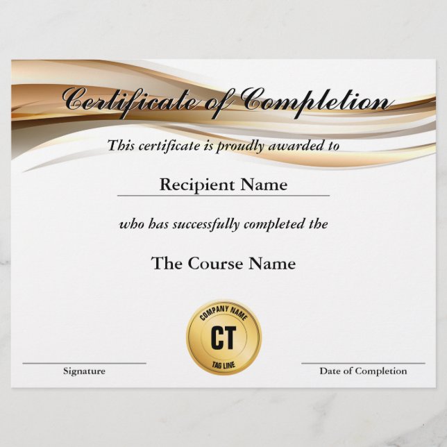 Certificate of Completion Customizable Award (Front)