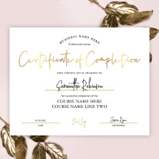 Certificate of Completion Faux Gold Beauty Award