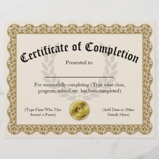 Certificate of Completion Gold Customizable 8.5x11