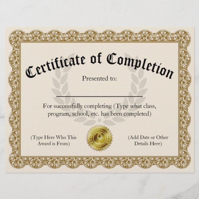 Certificate of Completion Gold Customizable 8.5x11 (Front)