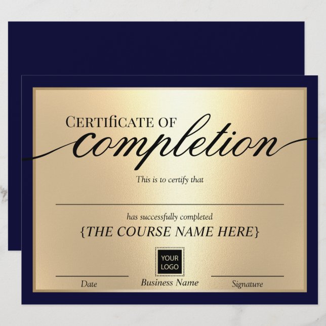 Certificate of Completion Navy & Gold Award (Front/Back)