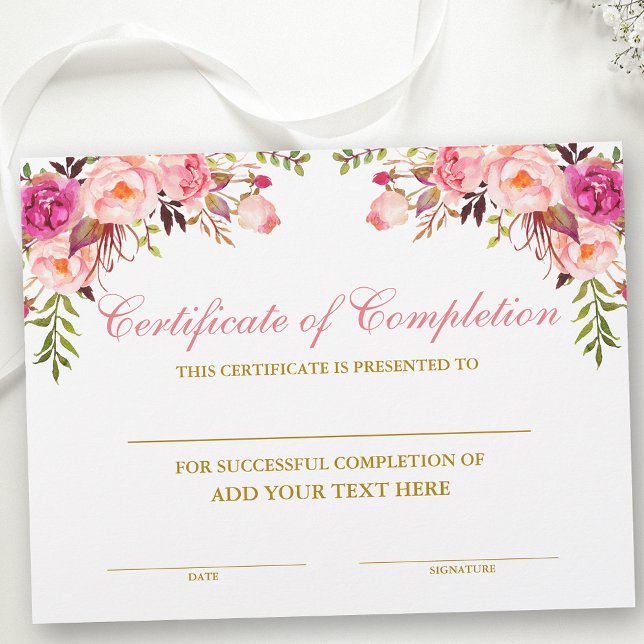 Certificate of Completion Pink Floral Gold (Customize to change text size, text style or text color.)