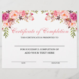 Certificate of Completion Pink Floral  - Your Text