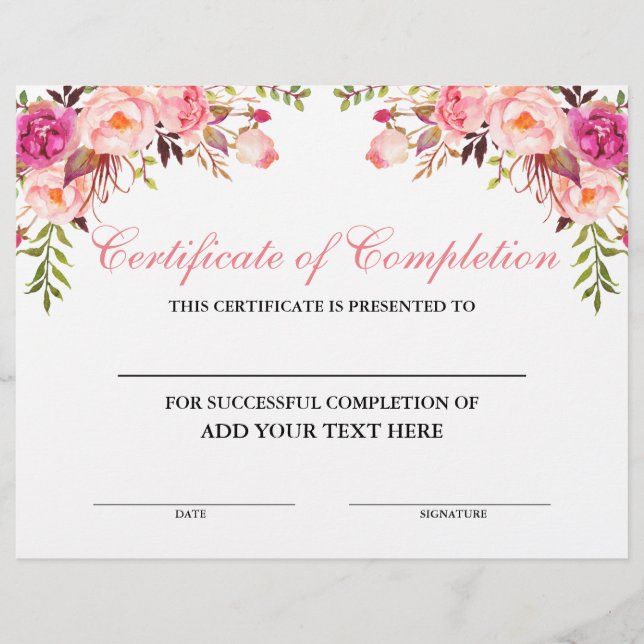 Certificate of Completion Pink Floral  - Your Text (Front)