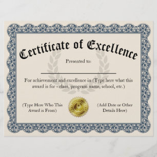 Certificate of Excellence Blue Customizable 8.5x11