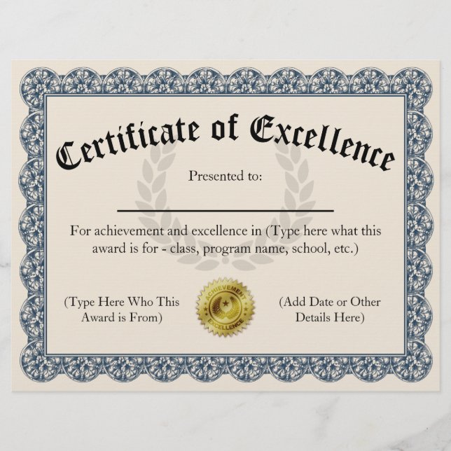 Certificate of Excellence Blue Customizable 8.5x11 (Front)