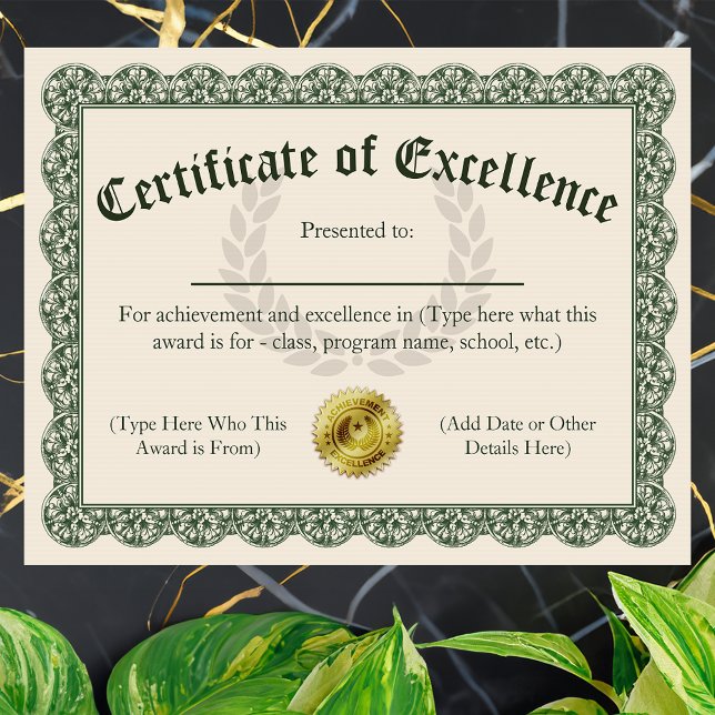 Certificate of Excellence, Customizable 8.5x11 (customizable certificate of excellence)