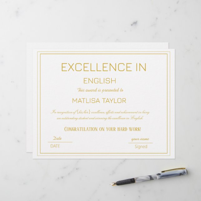 Certificate Of Excellence in English Achievement  (Front/Back In Situ)