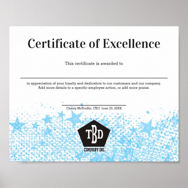 Certificate of excellence staff employee award poster (Front)
