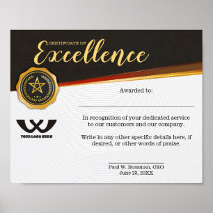 Certificate of excellence staff employee award poster