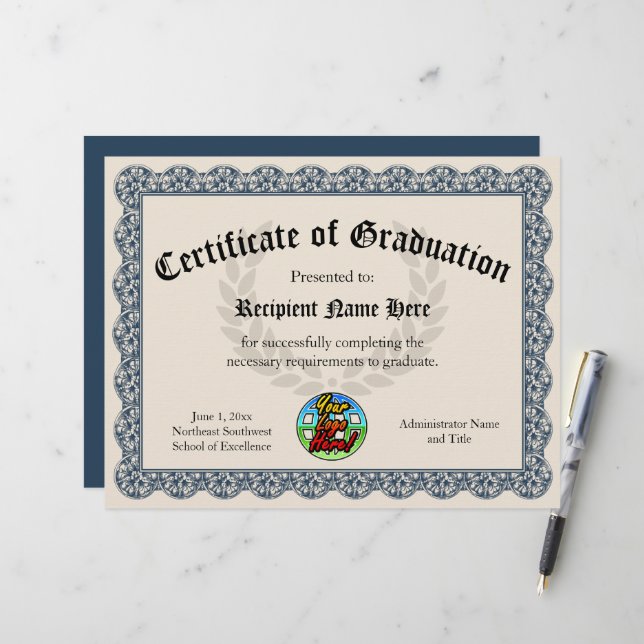 Certificate of Graduation Blue Customizable Logo (Front/Back In Situ)