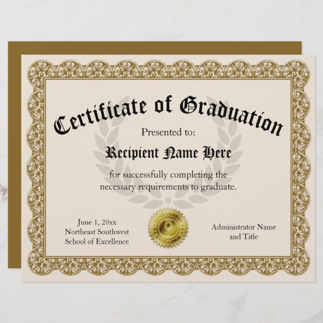 Certificate of Graduation Gold Customizable 8.5x11 (Front/Back)