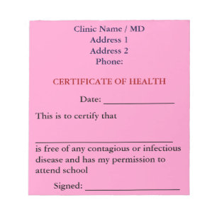 Certificate of Health Notepad (Pink)