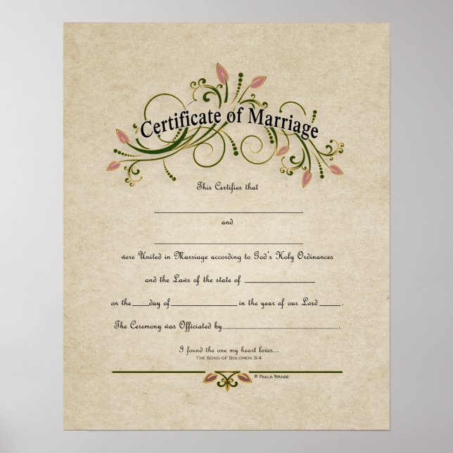"Certificate of Marriage" Wedding Certificate Poster (Front)