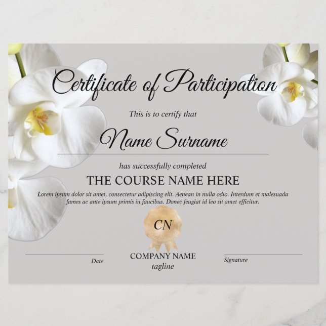 Certificate of Participation Award Course  (Front)