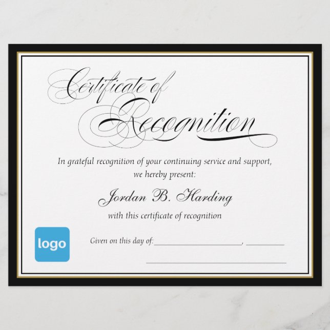 Certificate of Recognition Award  - Add Logo (Front)