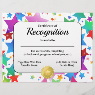 Certificate of Recognition Customizable 8.5x11