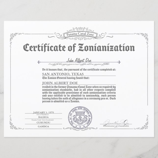 Certificate of Zonianization (Front)