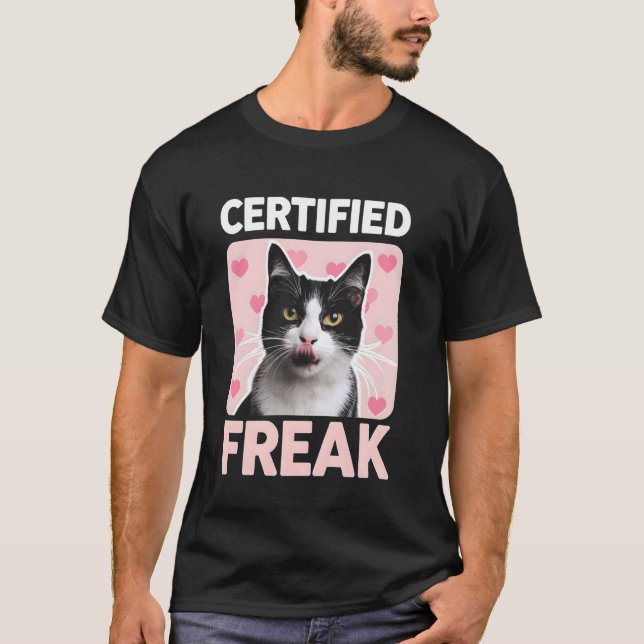 Certified Cat Freak Funny Kitten Pink Hearts Kitty T-Shirt (Front)