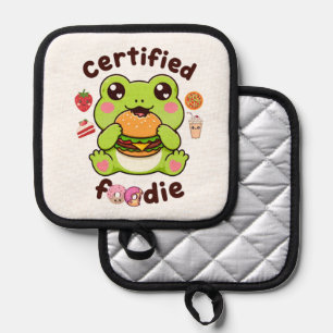 Certified Foodie Cute Kawaii Frog Eating Burger    Pot Holder