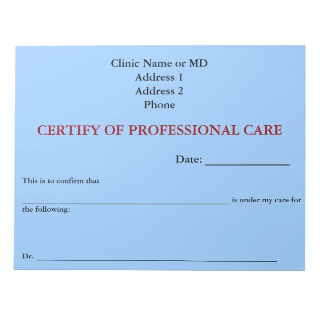 Certifier le Bloc-notes pour soins professionnels  (Devant)