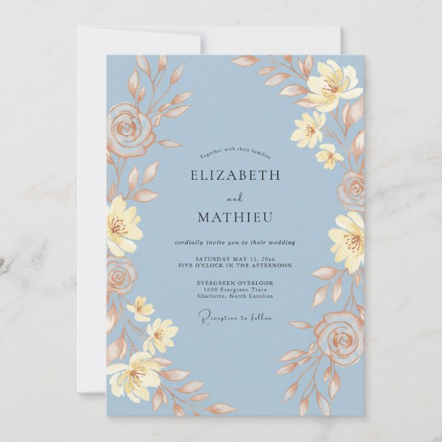 Cerulean Blossom Leaf Wedding Invitation (Front)