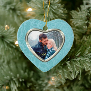 Cerulean Blue Brocade Keepsake Template Ceramic Ornament