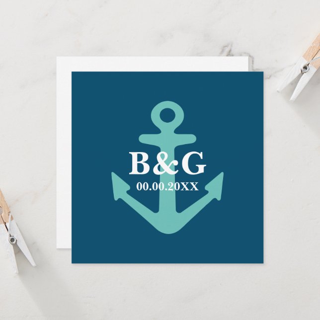 Cerulean blue nautical anchor logo square wedding invitation (Front/Back In Situ)
