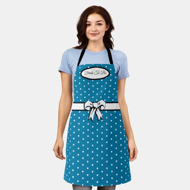 Cerulean Blue Polka Dot White Bow Personalized Apron (Worn)