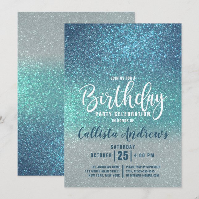 Cerulean Blue Teal Triple Glitter Ombre Birthday Invitation (Front/Back)