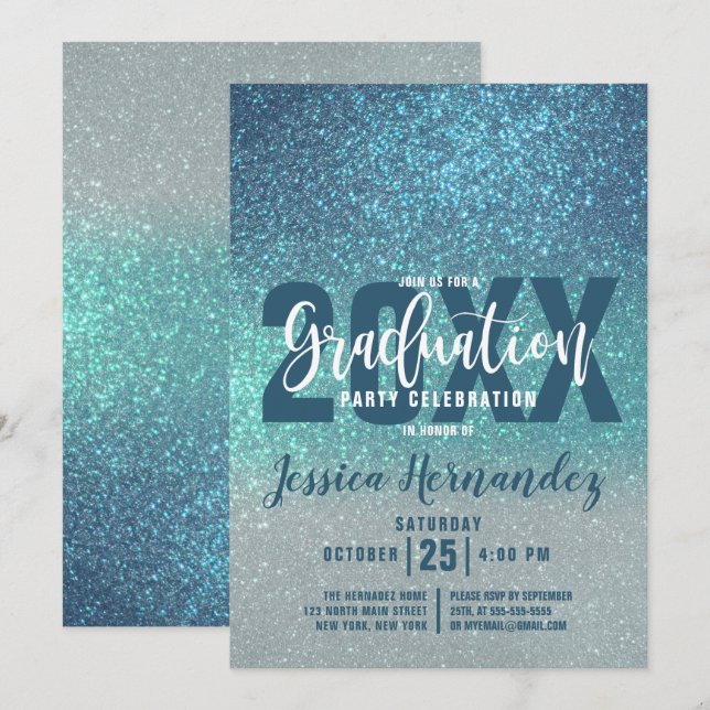 Cerulean Blue Teal Triple Glitter Ombre Graduation Invitation (Front/Back)