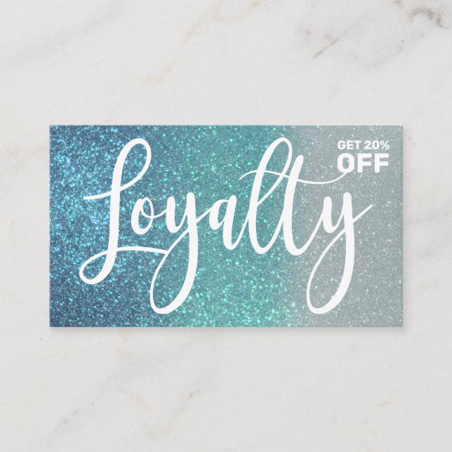 Cerulean Blue Teal Triple Glitter Ombre Typography Loyalty Card (Front)