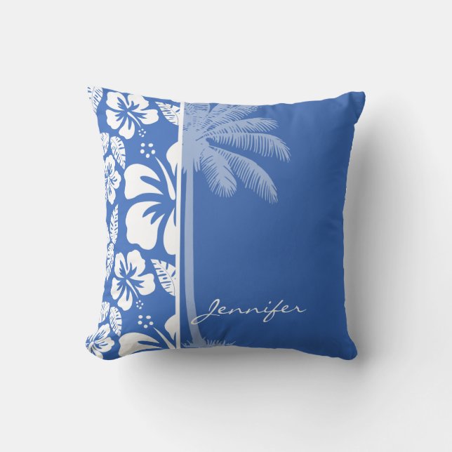 Cerulean Blue Tropical Hibiscus and Palm Throw Pillow (Front)