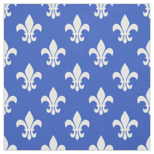 Cerulean Blue, White Fleur De Lis Pattern Fabric