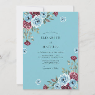 Cerulean Burgundy Leaf Wedding Invitation