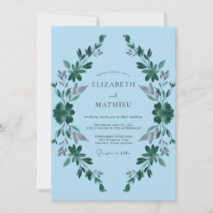 Cerulean Leafy Wreath Wedding Invitation