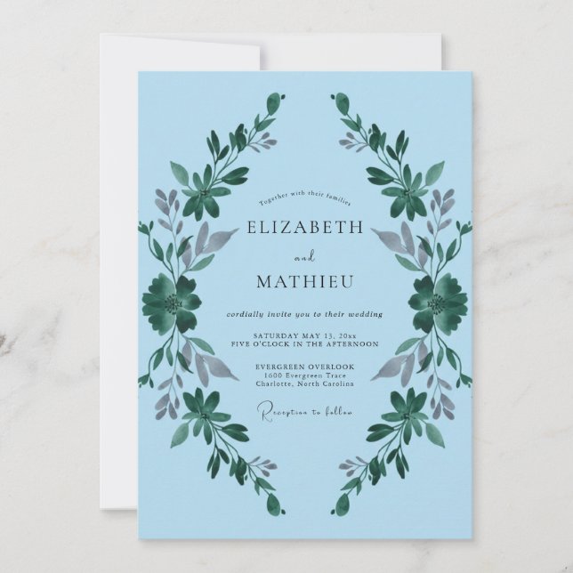Cerulean Leafy Wreath Wedding Invitation (Front)